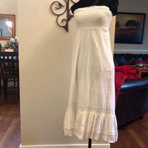 White gauzy strapless lace dress by Maeve